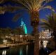 Night-time picture of the Burj Al Arab from Madinat Jumeirah