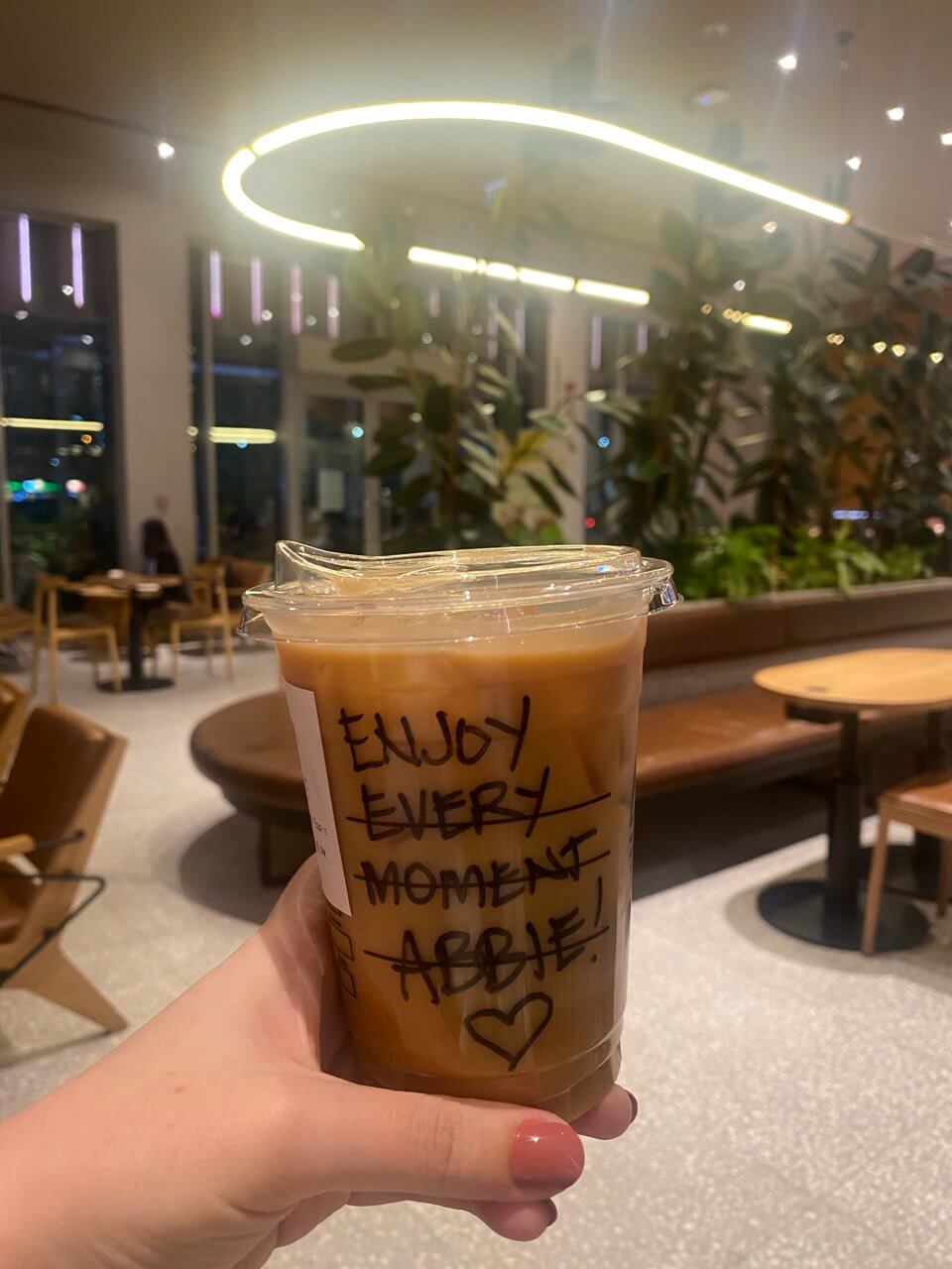 a personalized message on a starbucks coffee